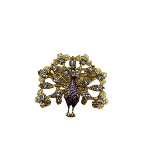 Rhinestone Peacock Lapel Pin Figural Brooch Gold Tone Luxury Pinback Button - Picture 2 of 7